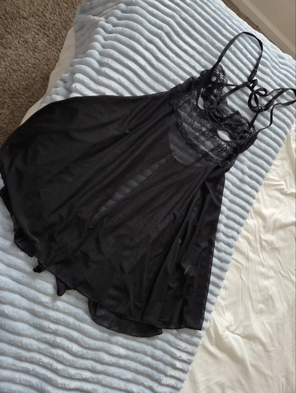 Black Lace-Trim Mesh Chemise with Adjustable Straps